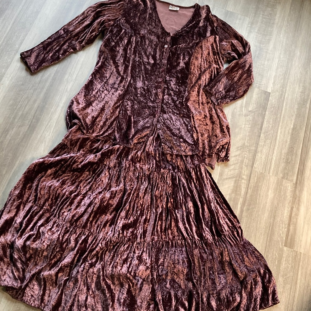 Vintage French Gear Crushed Velvet 2 Pc Top Skirt Whimsigoth Fairy Grunge M